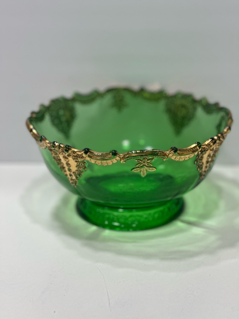 Antique EAPG Tarentum Victoria Emerald Green Gold Pedestal Bowl Centerpiece 1900